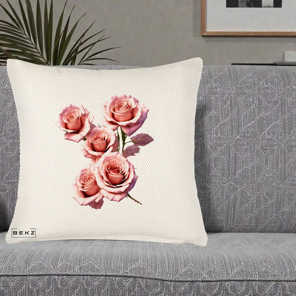 Perna Decorativa Trandafiri Roz Pastel Acuarela, 40x40 cm, Crem Reliefat, Husa Detasabila, Perna Inclusa, BEKZ®