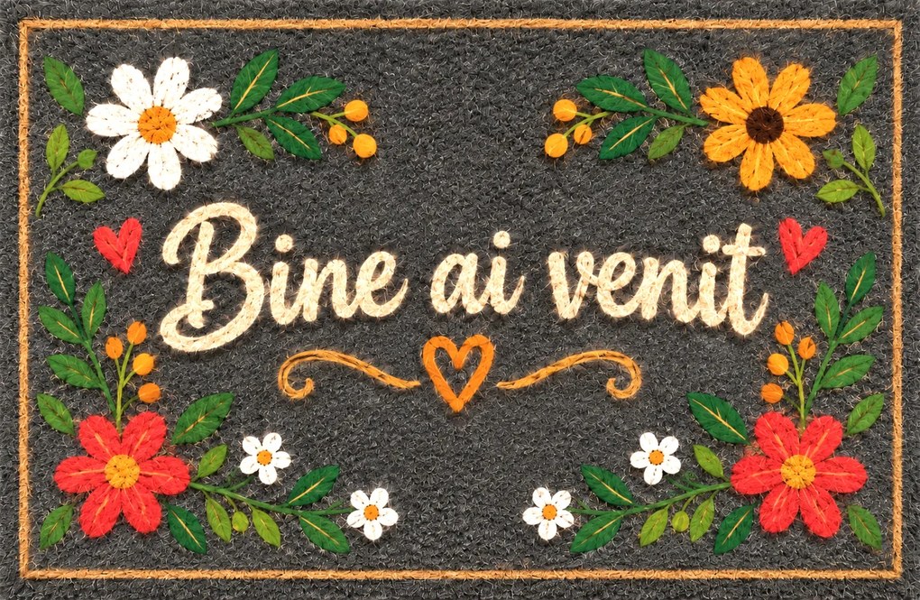 Covoraș de intrare, antiderapant, model floral, Bine ai venit, 50x70 cm, CIN101
