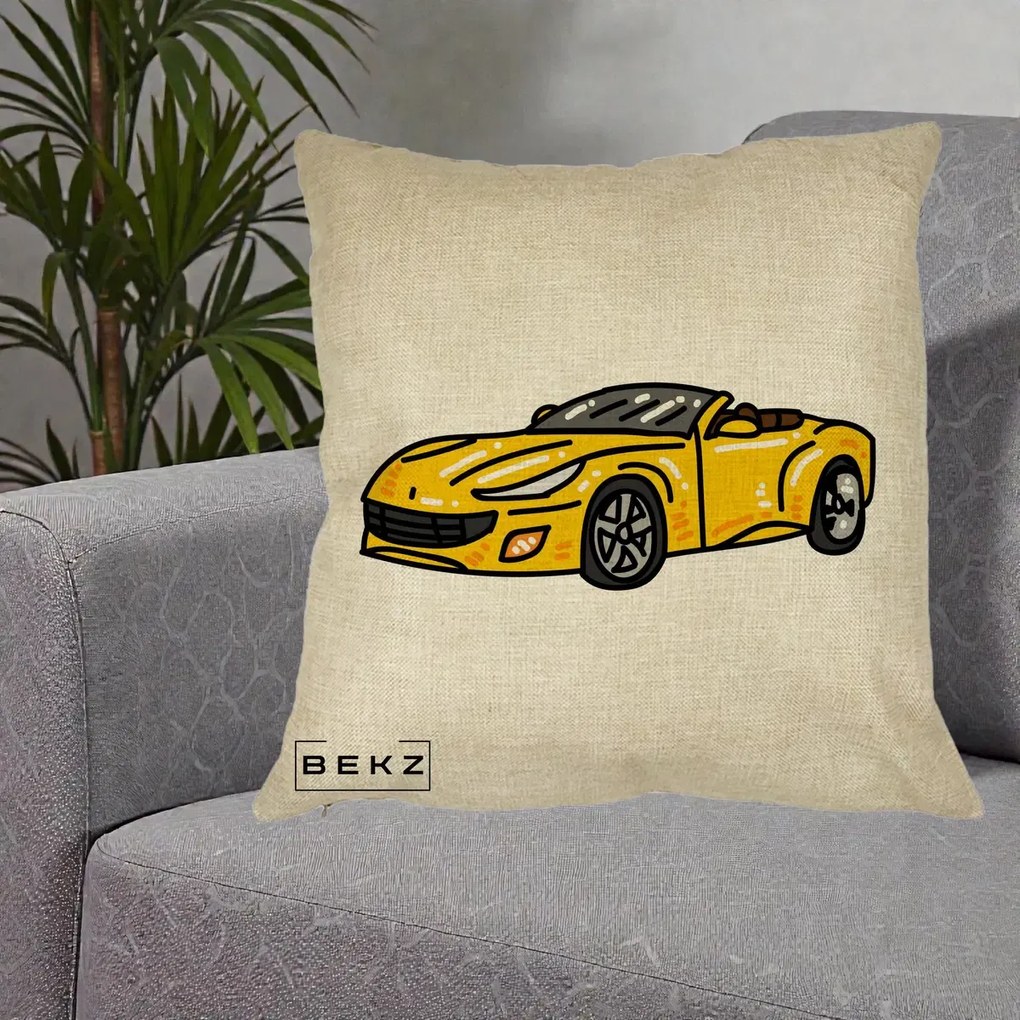 Perna Personalizata Masina Cabriolet Galbena Grafic, 40x40 cm, Crem, Husa Detasabila, Perna Inclusa, BEKZ®
