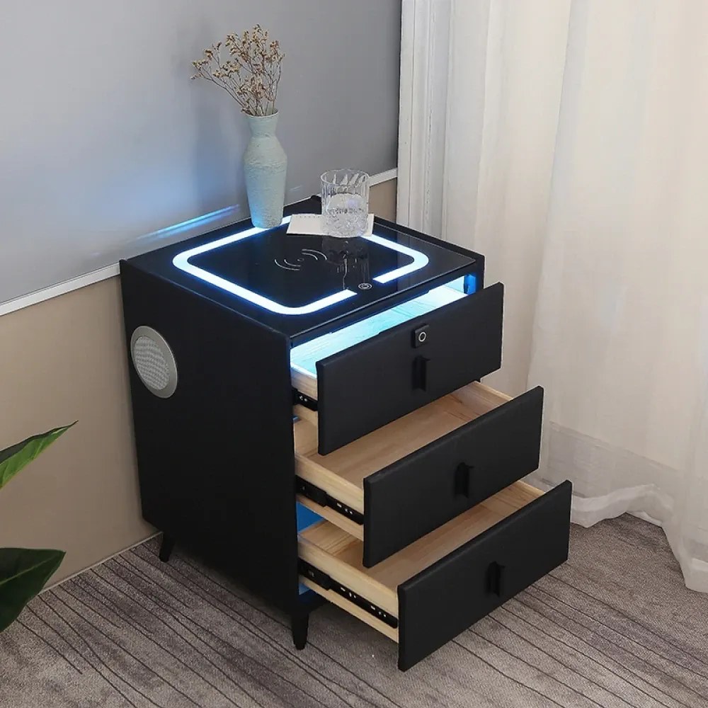 RESIGILAT- Noptieră inteligentă multifuncțională, 3 sertare cu maner, blocare cu amprentă, LED-uri tactile, 3 tipuri de culoare, încărcare fără fir, Difuzor Bluetooth, incarcare USB, sticla securizata, Negru