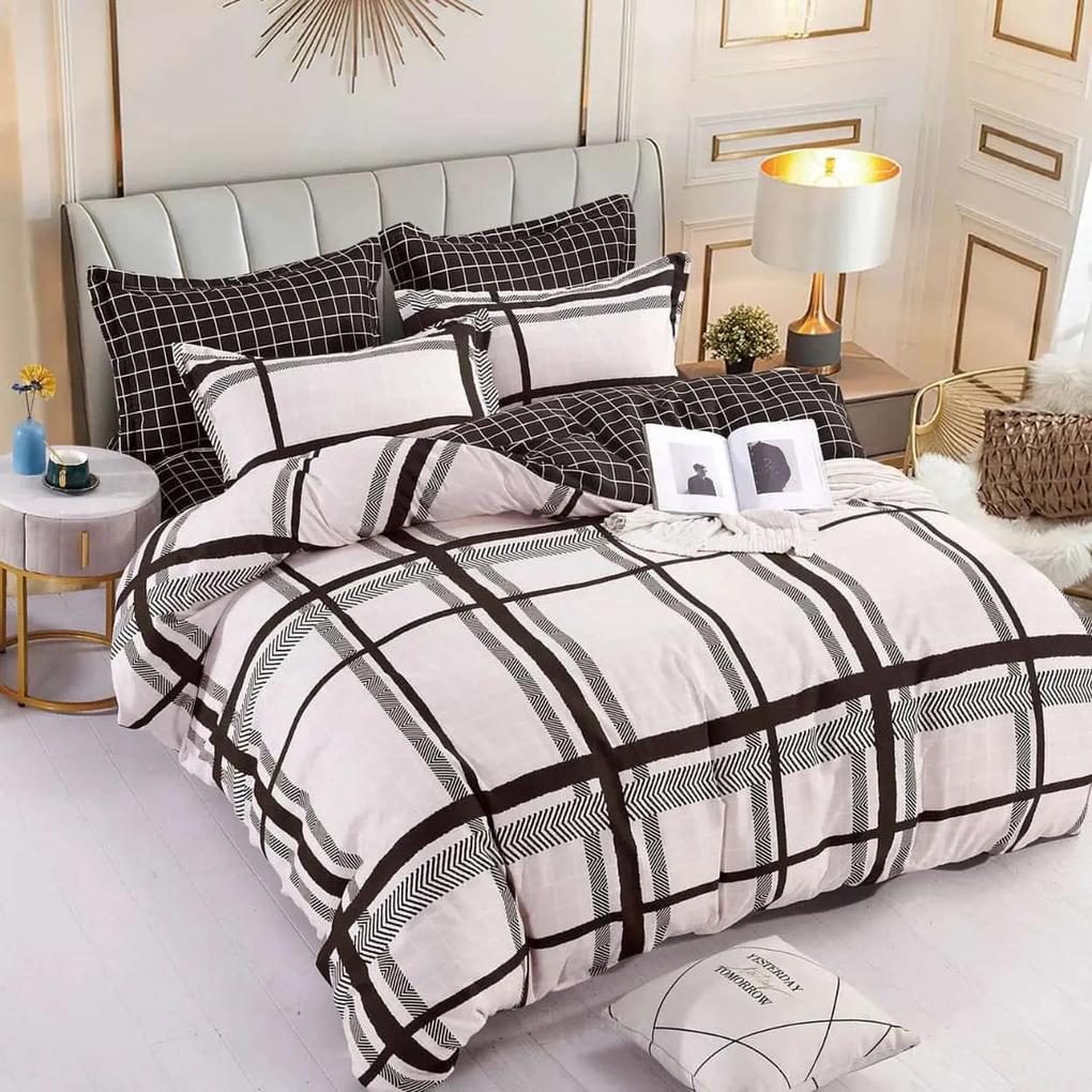 Lenjerie de pat cu elastic, tesatura tip finet, pat 2 persoane, alb / negru, 6 piese, FNJE-86