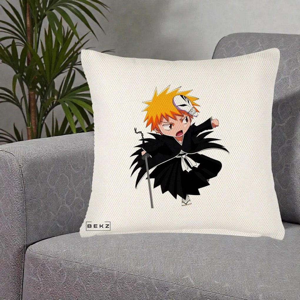 Perna Personalizata Bleach Ichigo Chibi cu Masca, 40x40 cm, Crem Reliefat, Husa Detasabila, Perna Inclusa, BEKZ®