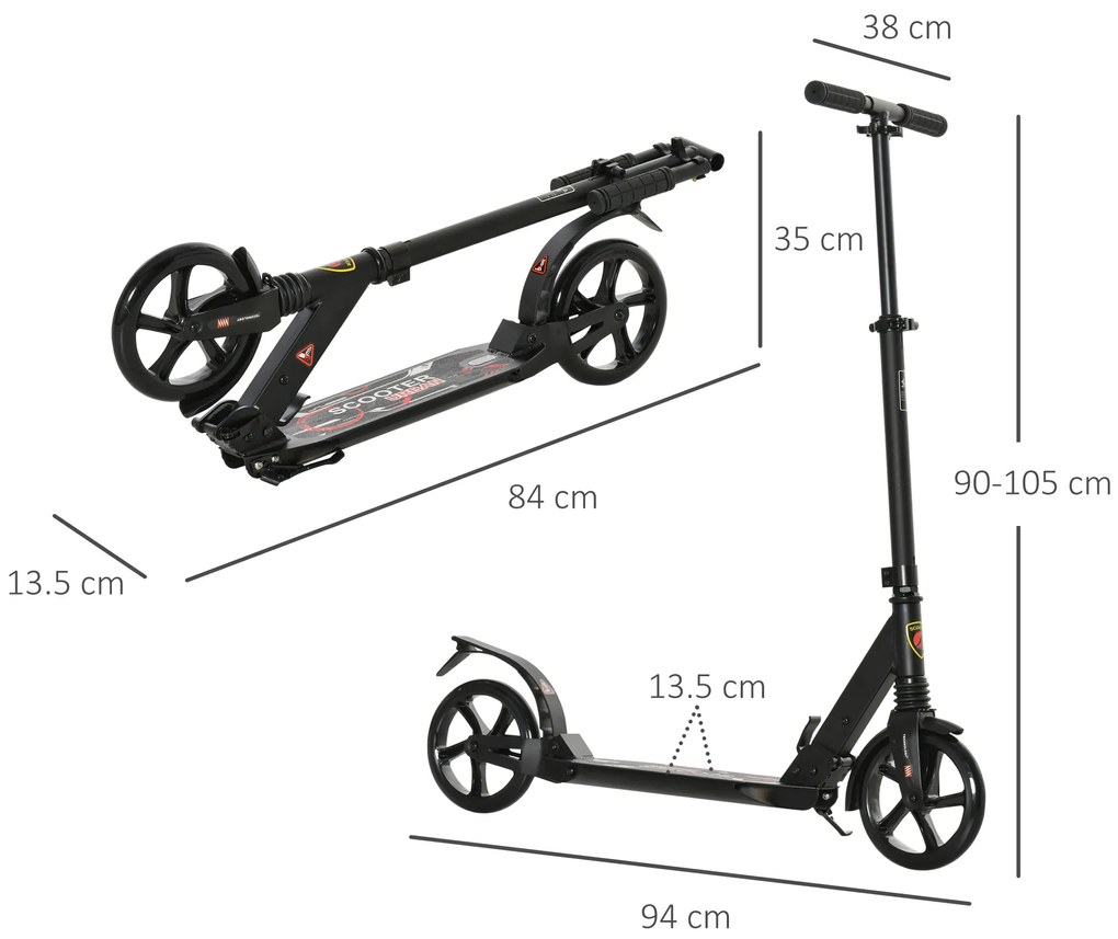HOMCOM Trotinetă Pliabilă Scooter cu Ghidon Înălțime Ajustabilă Trotinetă Ușoară pentru Adulți și Copii (peste 14 ani) Tip Skateboard cu Frână Roți Mari Ø200 mm Aluminiu Capacitate 100kg | Aosom Romania
