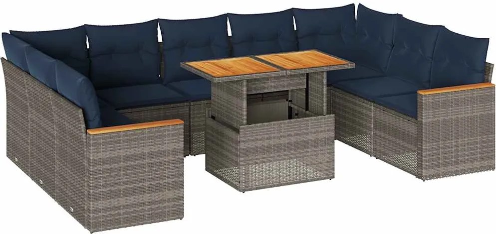 vidaXL Set mobilier de grădină cu perne, 10 piese, gri, poliratan