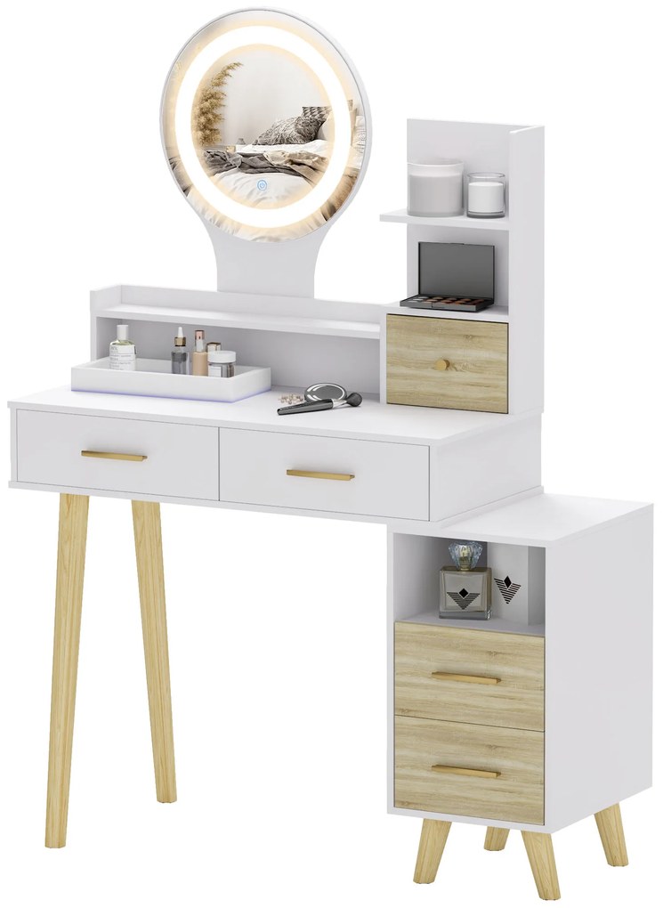 HOMCOM Masă de toaletă cu oglindă și lumini LED reglabile cu 5 sertare 4 compartimente și 1 poliță 100x44x137 cm Alb și Natural | Aosom Romania
