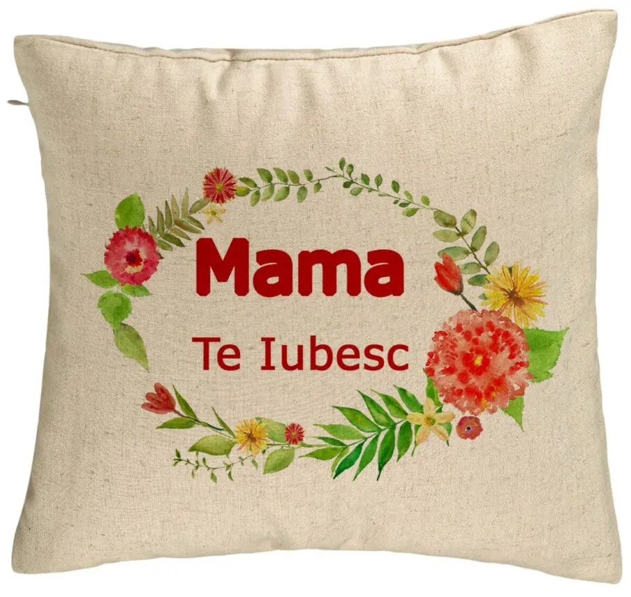 Perna Decorativa, Model Pentru Mama Te iubesc 2, 40x40 cm, Bej, Husa Detasabila, Burduf