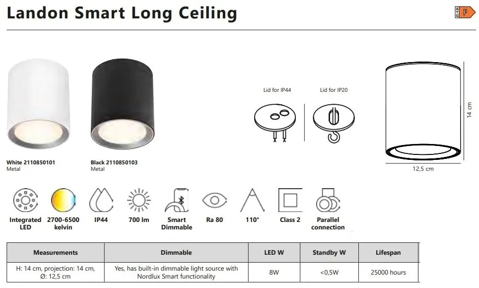 Spot aplicat LED CCT, IP44 Landon 14 Smart Black