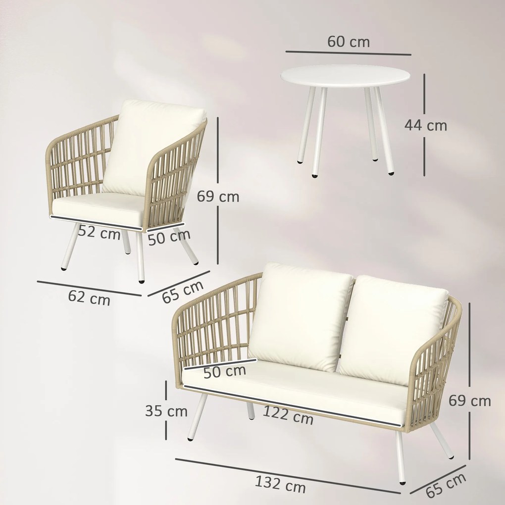 Outsunny Set de mobilier de grădină din poliratan Lounge-Set cu canapea de 2 locuri, fotoliu, masă, perne rezistente la intemperii pentru 4 persoane în culoarea Khaki | Aosom Romania