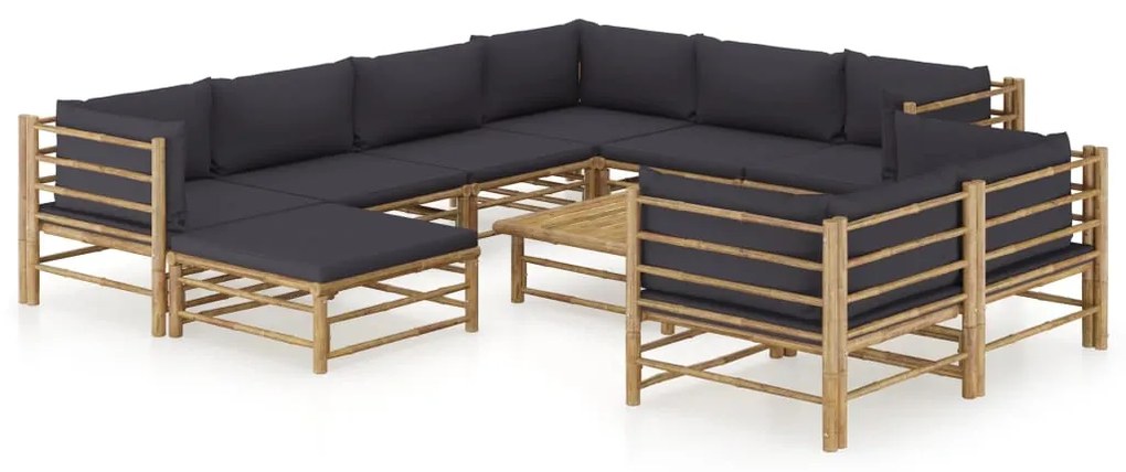 vidaXL Set mobilier de grădină cu perne gri închis, 10 piese, bambus