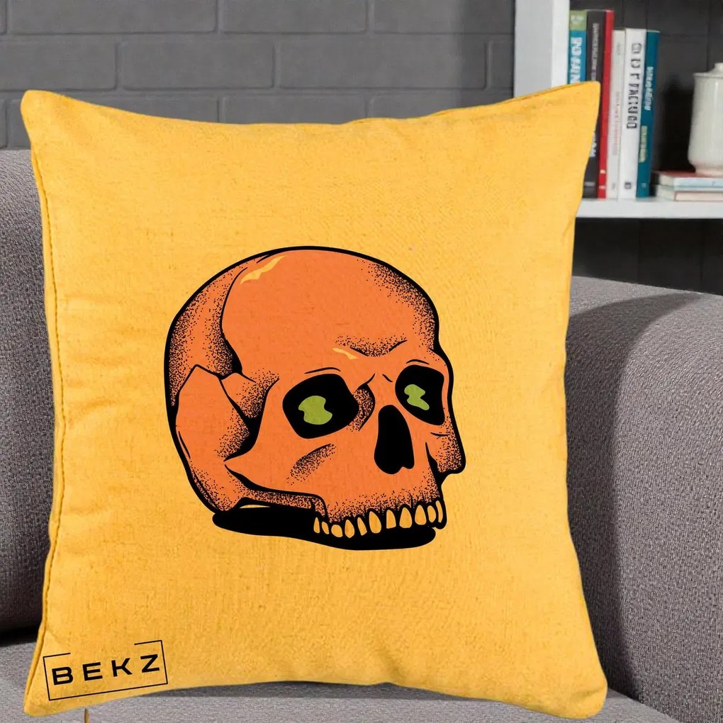 Perna Decorativa Craniu Roz Tatoo Art Halloween, 40x40 cm, Galben, Husa Detasabila, Perna Inclusa, BEKZ®