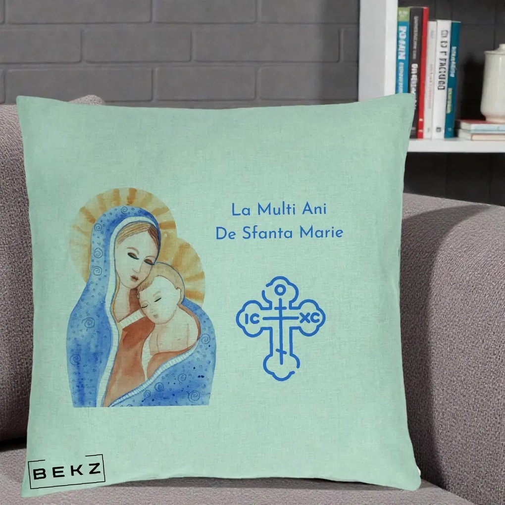 Cadou de Onomastica - Perna Personalizata Sfanta Marie Icoana Acuarela, 40x40 cm, Verde Menta, Husa Detasabila, Perna Inclusa, BEKZ®