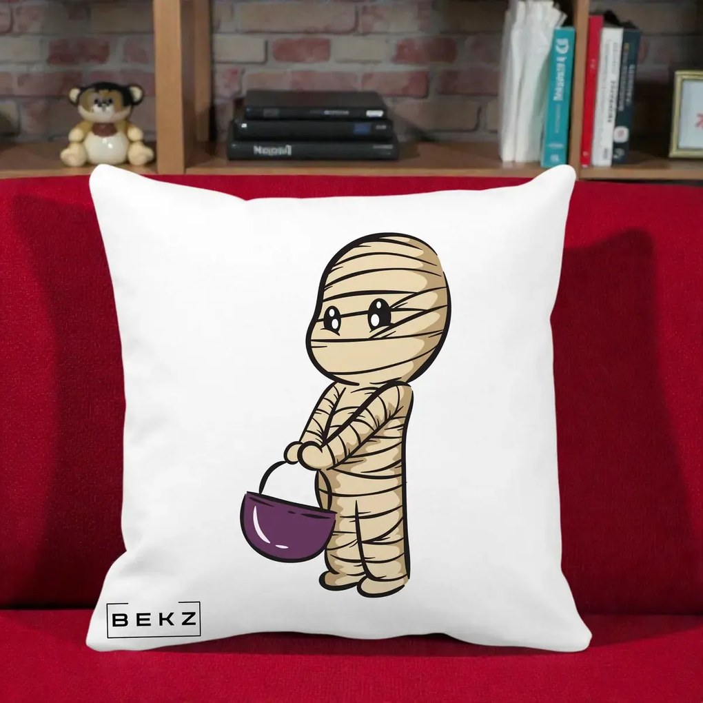 Perna Decorativa Halloween Mummy Kawaii cu Cos, 40x40 cm, Alba Mata, Husa Detasabila, Perna Inclusa, BEKZ®
