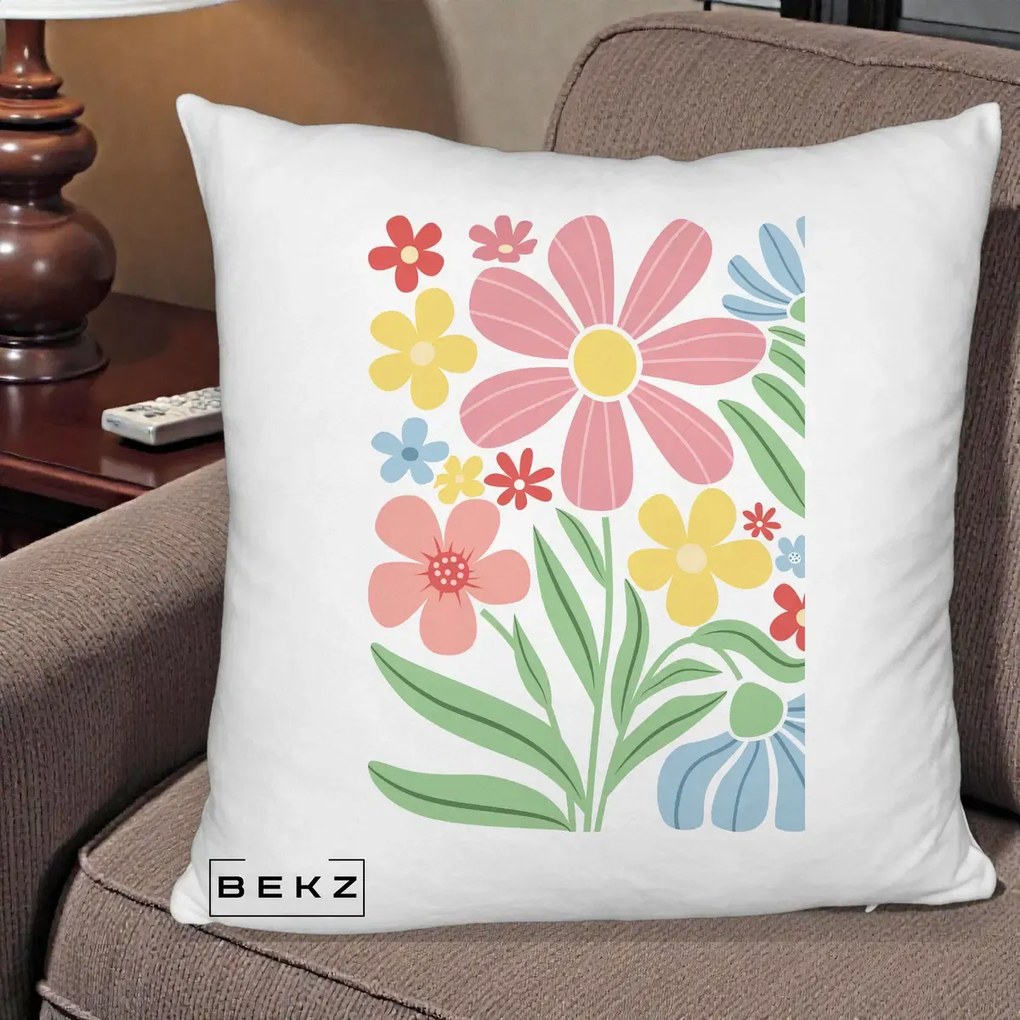 Perna Decorativa Flori Grafice Roz Pastel, 40x40 cm, Alb Pufos, Husa Detasabila, Perna Inclusa, BEKZ®