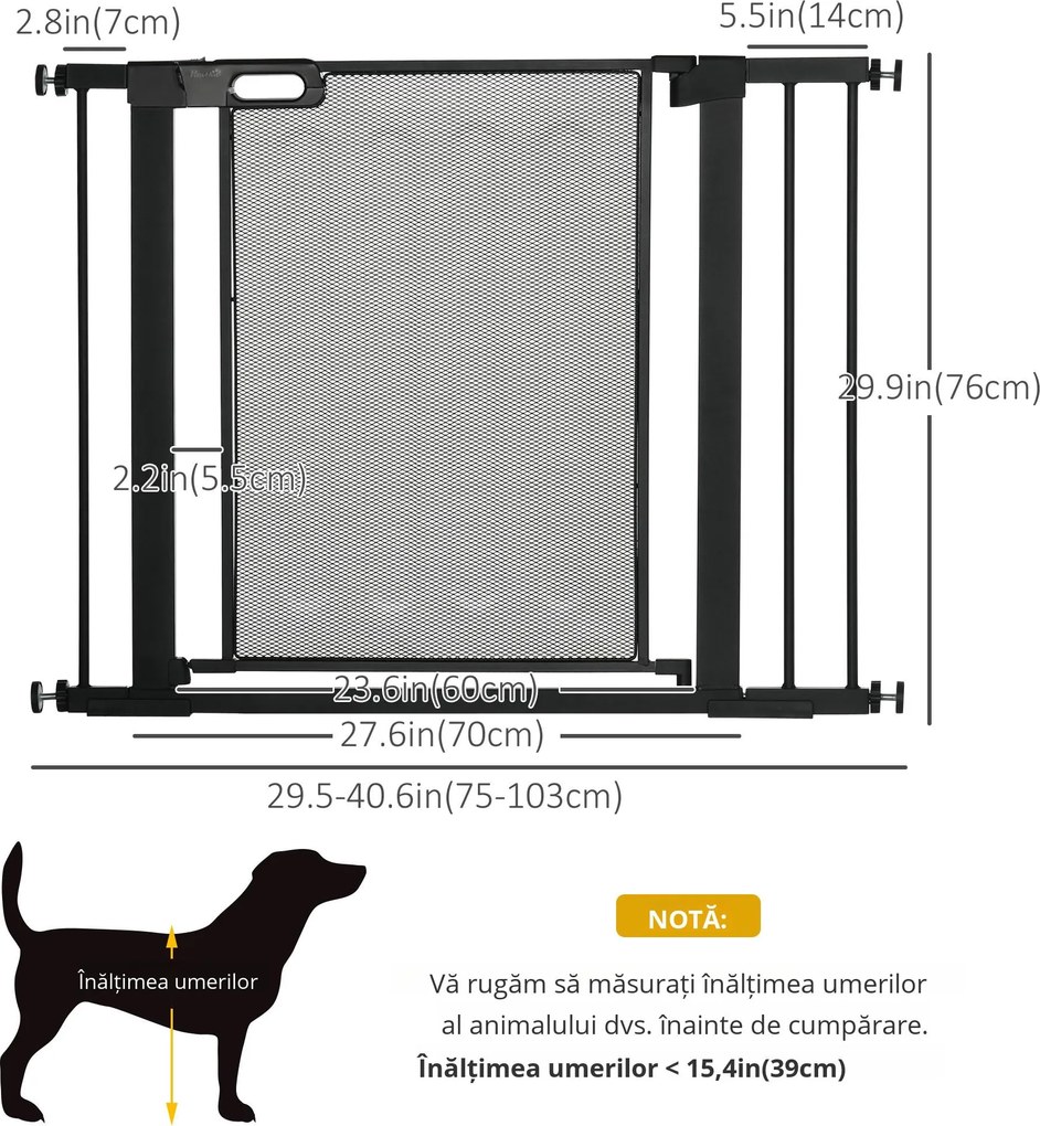 PawHut Poartă de Sigurantă pentru Uși și Scări, Poartă pentru Animale cu Închidere Automată, 76x75-103 cm, Negru | Aosom Romania