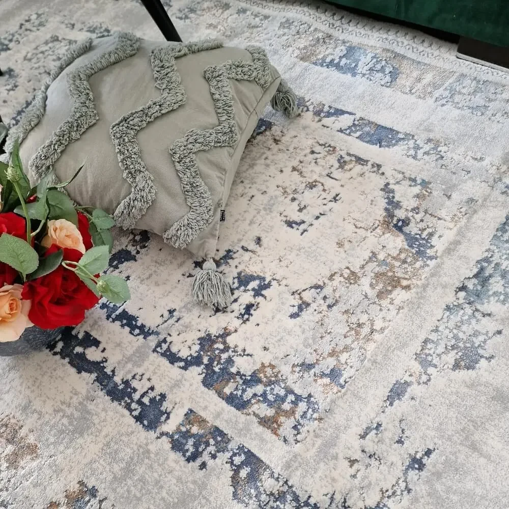 150x230 cm Covor Domino Premium, 40% Polyester/60% Polipropilena, Modern, Gri/Albastru, Densitate 2500 gr/m2
