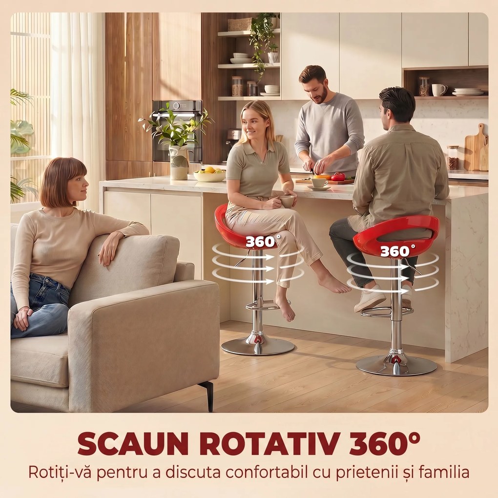 HOMCOM Set 2 Scaune de Bar Rotative cu Suport pentru Picioare și Înălțime Reglabilă, 46x41x76-96 cm, Roșu | Aosom Romania