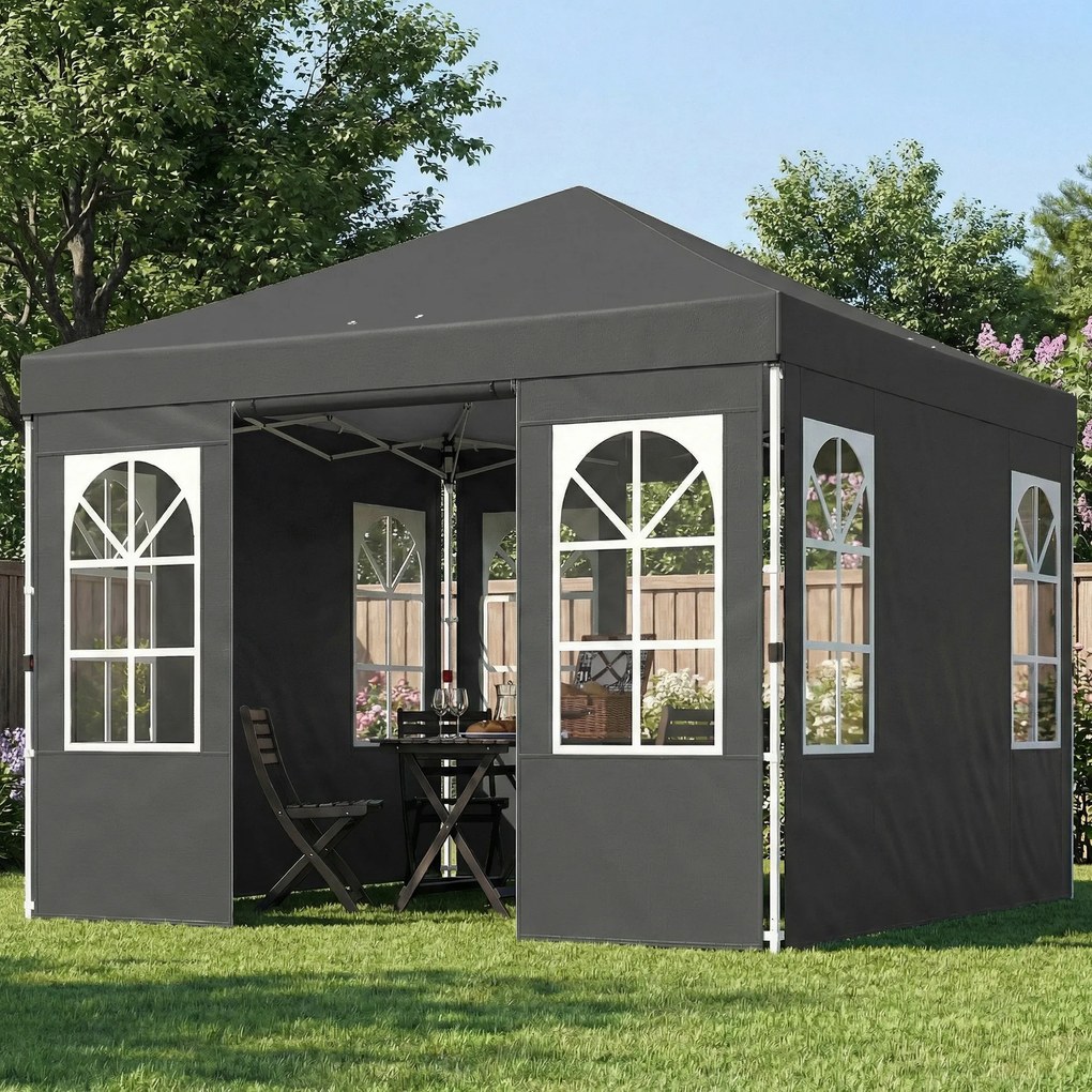 Outsunny Pavilion pliabil 300x300 cm Pop-up cu UPF50+ 4 laterale detașabile Înălțime reglabilă și husă de transport Gri închis | Aosom Romania