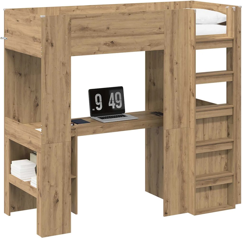 vidaXL Cadru de pat supraetajat cu birou Stejar Artizanal 75 x 190 cm