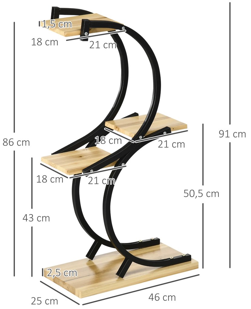 Outsunny Suport de plante cu 4 rafturi, lemn masiv, rezistent la intemperii, 46 cm x 25 cm x 91 cm, Negru + Natural | Aosom Romania