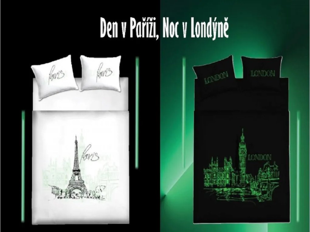 Lenjerie din bumbac fosforescenta ZIUA PARIS, NOAPTE LONDRA alba Dimensiune lenjerie de pat: 70 x 90 cm | 140 x 200 cm