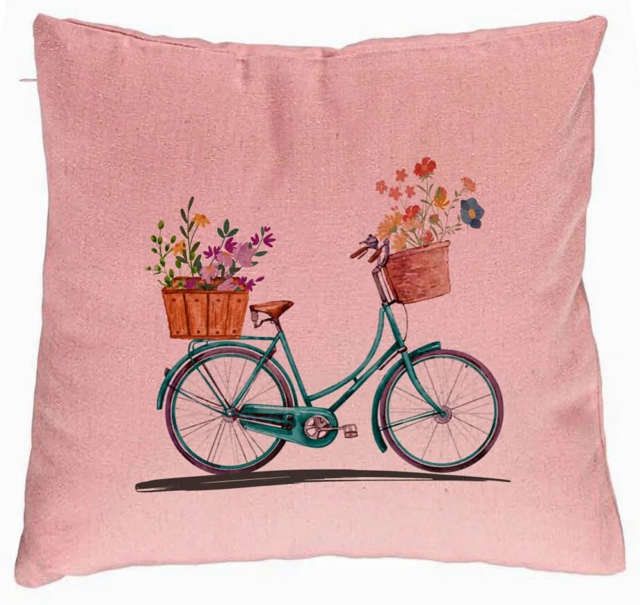 Perna Decorativa, Model Bicicleta Floarala, 40x40 cm, Roz, Husa Detasabila, Burduf