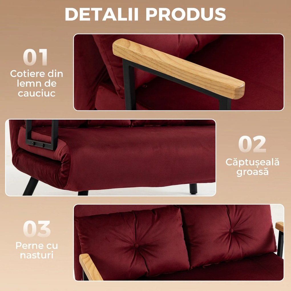 HOMCOM Canapea extensibilă 3 în 1, efect catifea, cu spătar reglabil și 2 perne, 102 x 73 x 81 cm, roșu vișiniu | Aosom Romania