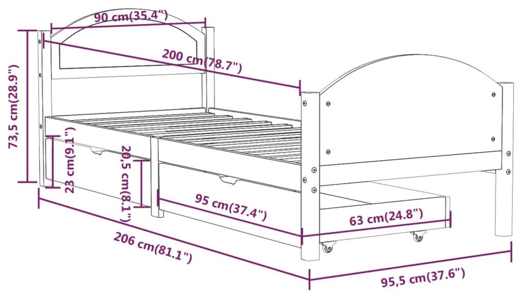 Cadru de pat cu 2 sertare, alb, 90x200 cm, lemn masiv de pin Alb, 90 x 200 cm, 2 Sertare