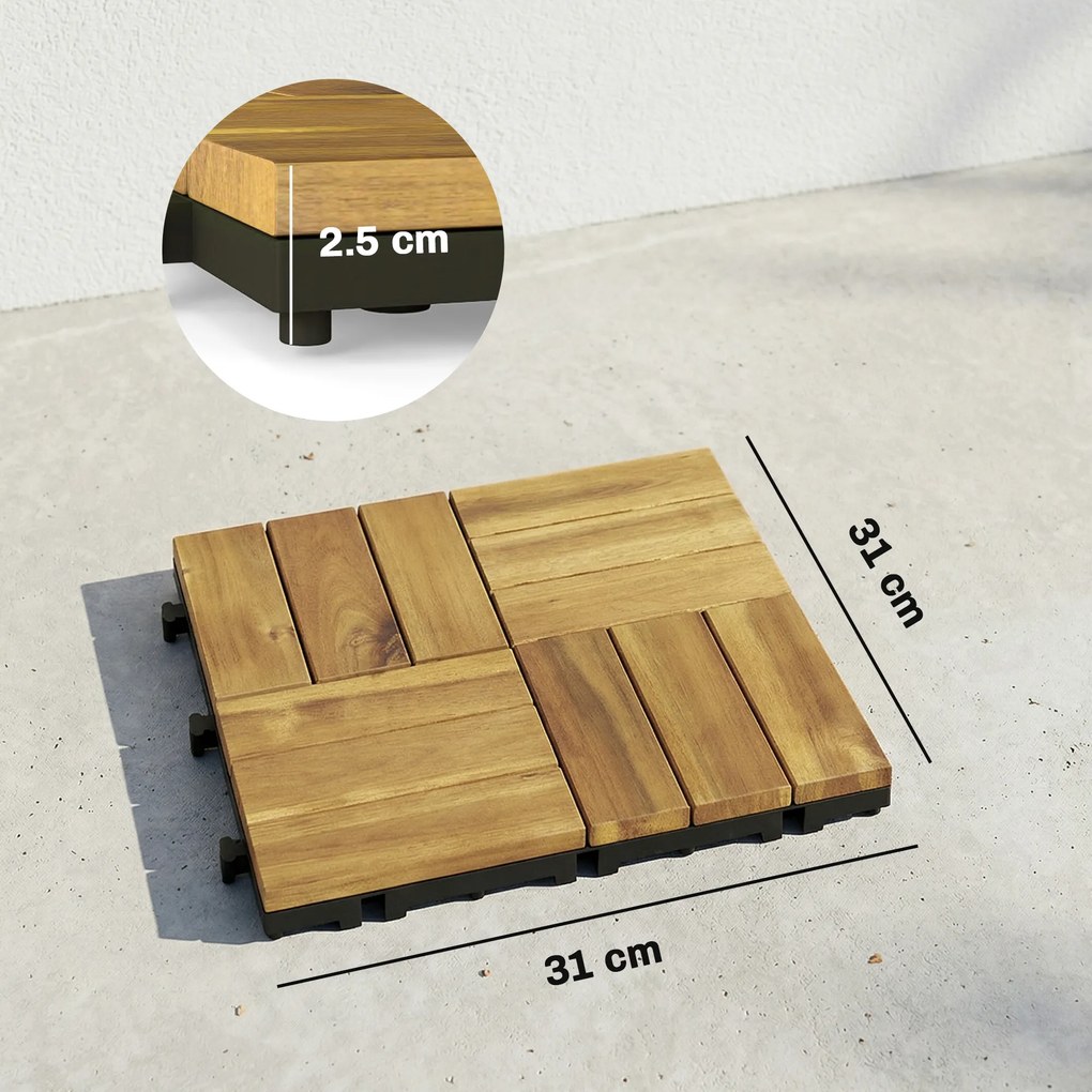 Outsunny Plăci pentru terasă 31x31cm 10 buc. / 0,91m² Plăci cu sistem click din lemn de acacia pentru terasă și balcon, lemn natural | Aosom Romania
