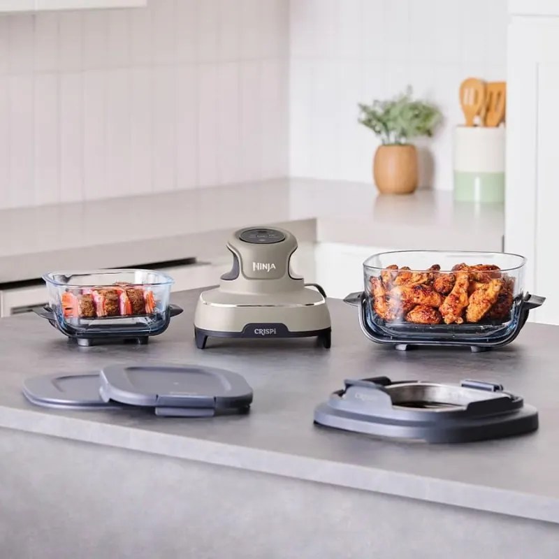 Friteuza cu aer cald portabila 4in1 Ninja CRISPi FN101EUST, 1700W, 3.8l, 6 portii, 2 recipiente din sticla, 4 programe, Fara PFAS si BPA, Bej