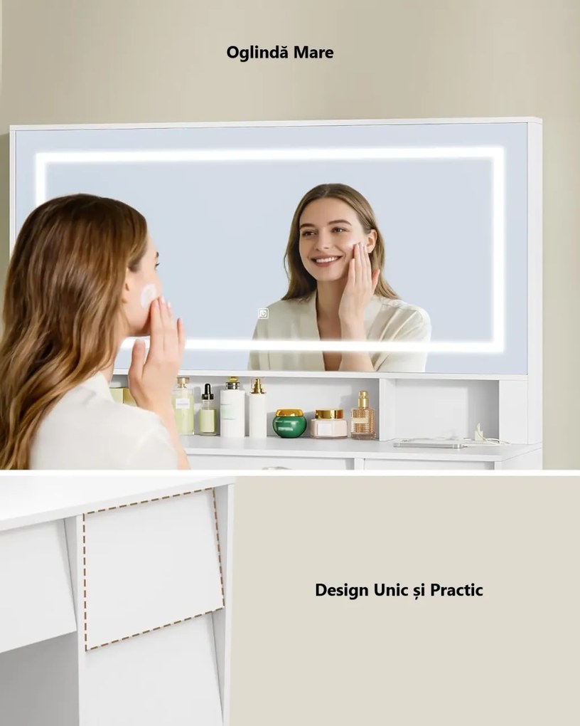 Masuta machiaj cu Oglinda LED si 9 Sertare pentru Cosmetice, Set Masa toaleta 109 cm, Alb, masuta cosmetica, vanity - SEA19