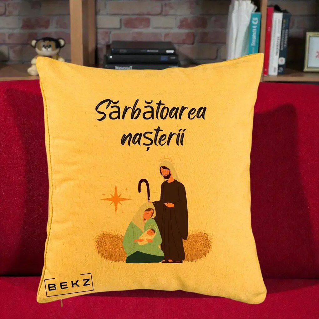 Perna Decorativa Nasterea Domnului Sfanta Familie Sarbatoarea Nasterii, 40x40 cm, Galben, Husa Detasabila, Perna Inclusa, BEKZ®