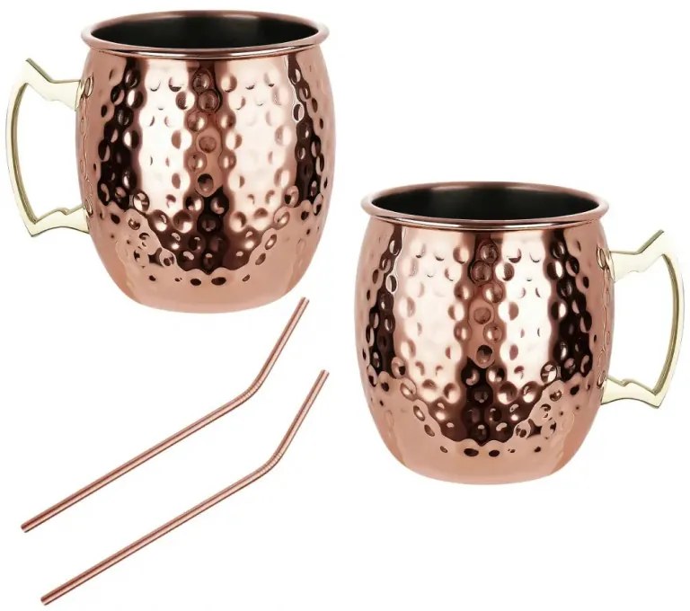 Set de pahare pentru Moscow Mule Kinghoff KH 2000, 2 buc, 500ml, 2 paie, oțel inoxidabil, cupru