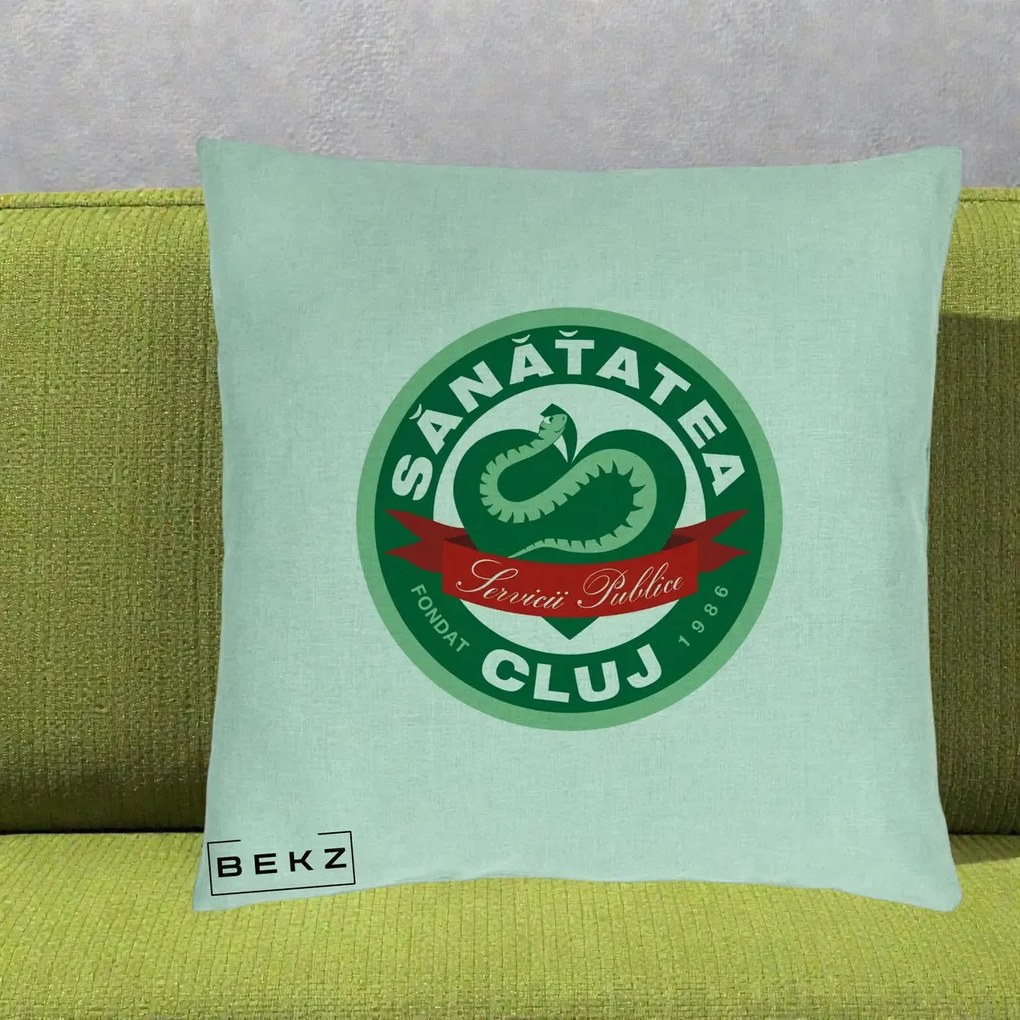 Perna Personalizata Sanatatea Cluj Servicii Publice 1986, 40x40 cm, Verde Menta, Husa Detasabila, Perna Inclusa, BEKZ®