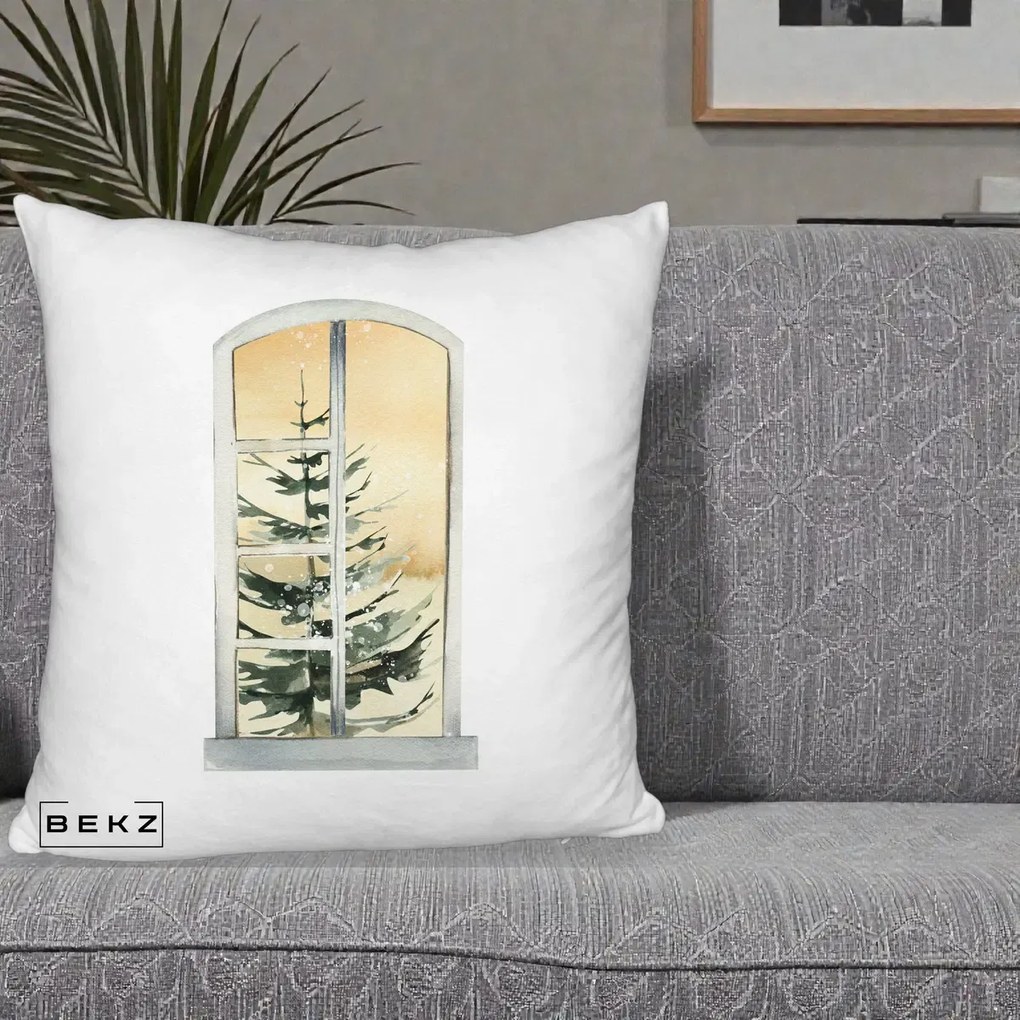 Perna Decorativa Fereastra cu Brad de Iarna, 40x40 cm, Alb Pufos, Husa Detasabila, Perna Inclusa, BEKZ®