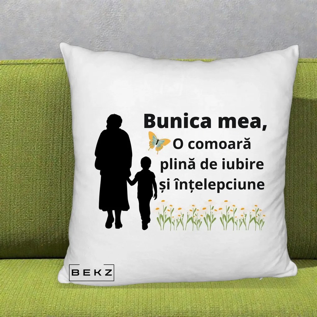 Cadou pentru Bunica - Perna Personalizata Bunica Mea Comoara cu Fluture si Baietel, 40x40 cm, Alb Pufos, Husa Detasabila, Perna Inclusa, BEKZ®