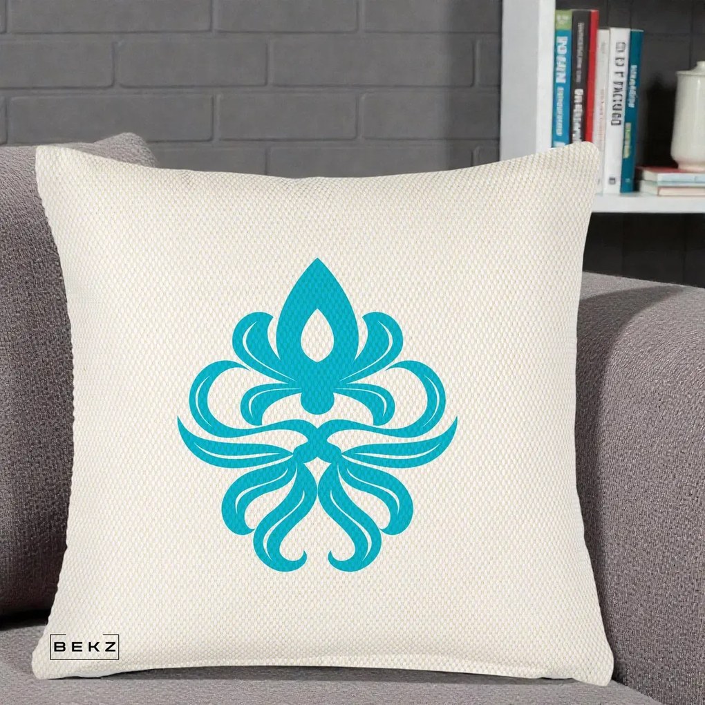 Perna Decorativa Ornament Turcoaz Fleur de Lis, 40x40 cm, Crem Reliefat, Husa Detasabila, Perna Inclusa, BEKZ®