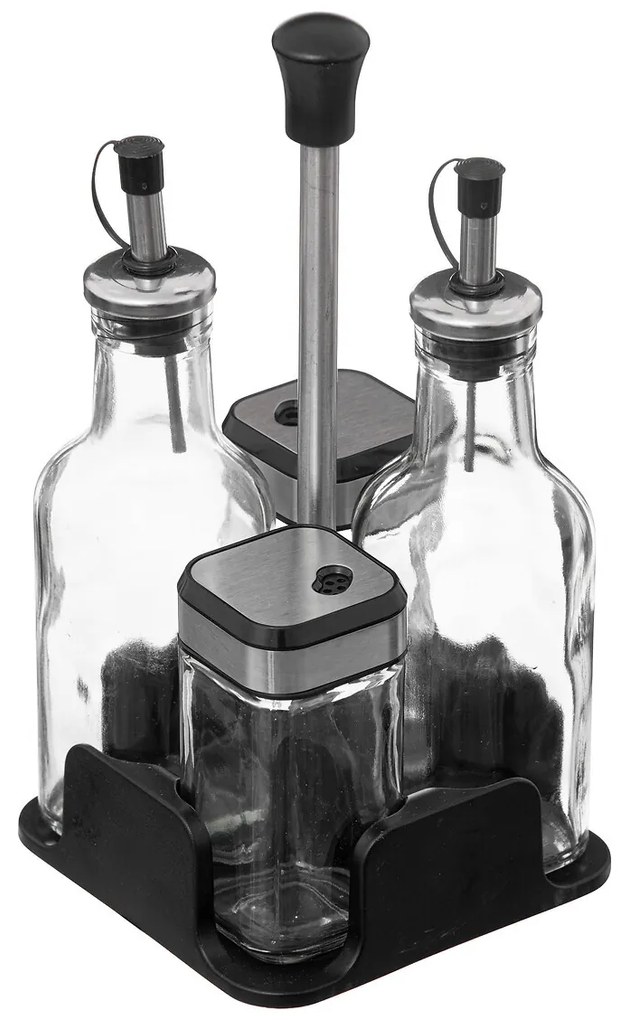 Set recipiente condimente pentru masa: sticle de ulei de masline si otet + piper si sare