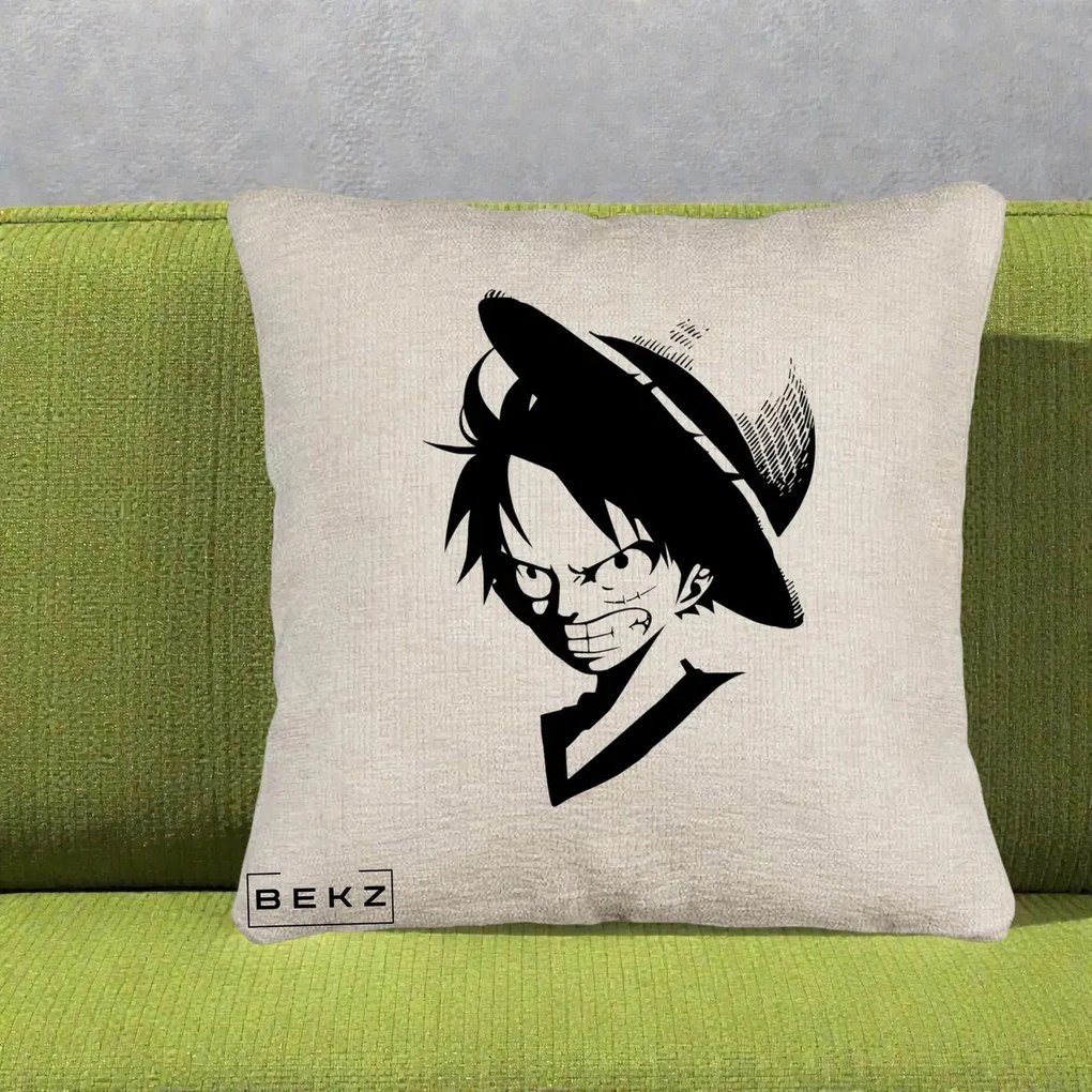 Perna Personalizata One Piece Luffy Silueta Alb-Negru, 40x40 cm, Bej Canapea, Husa Detasabila, Perna Inclusa, BEKZ®