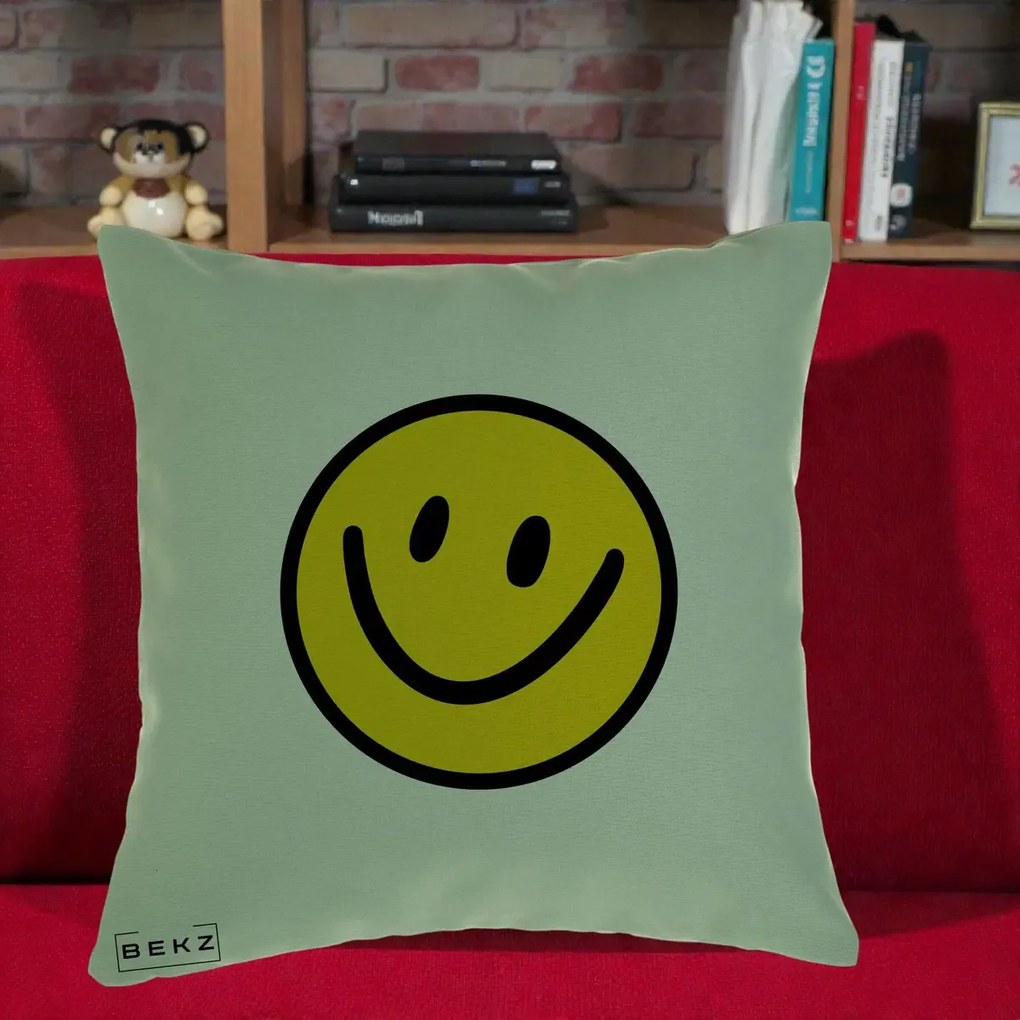 Perna Decorativa Smiley Face Galben Clasic, 40x40 cm, Verde, Husa Detasabila, Perna Inclusa, BEKZ®