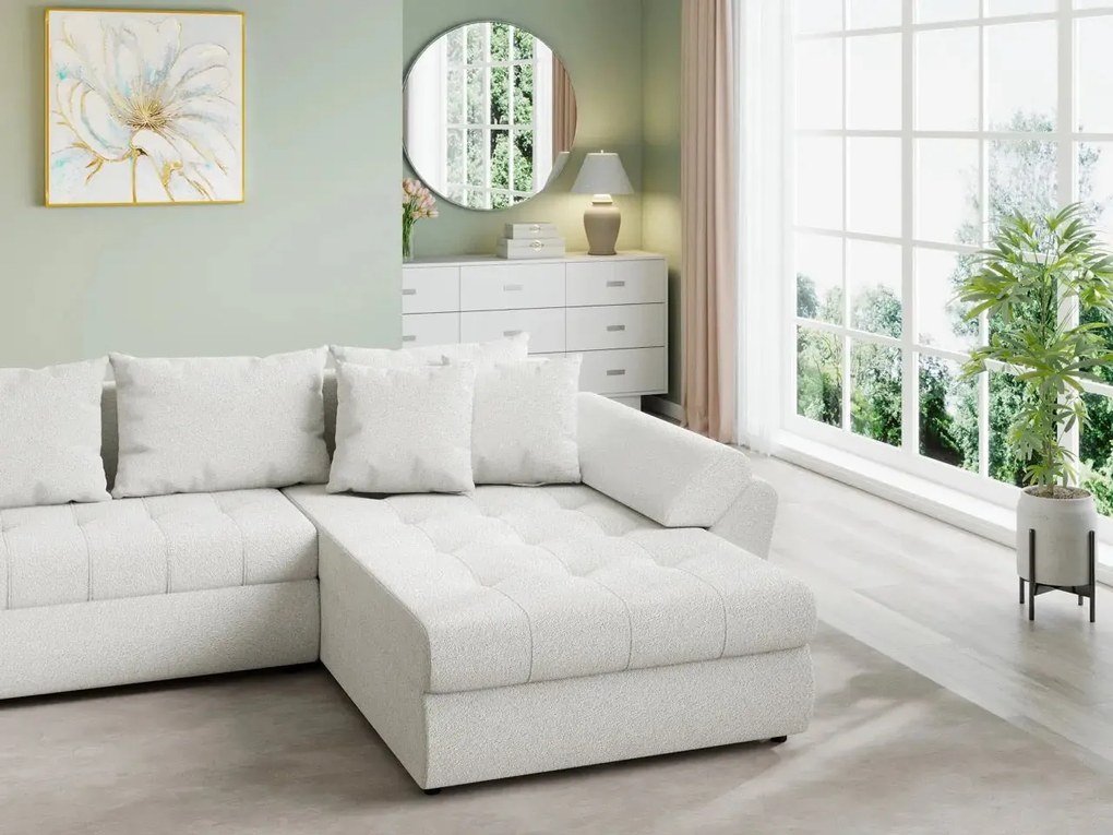 Colțar extensibil dumonde cu ladă de depozitare si sezut confortabil din spuma high-density, Loana U Euphoria Ivory 355x185 cm