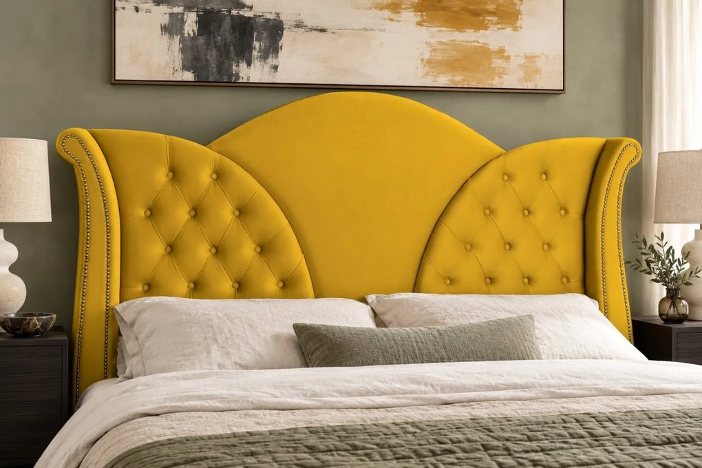 Pat tapițat Chesterfield din catifea Velora Deluxe Classic 160×200 cm, galben muștar, cu ladă de depozitare