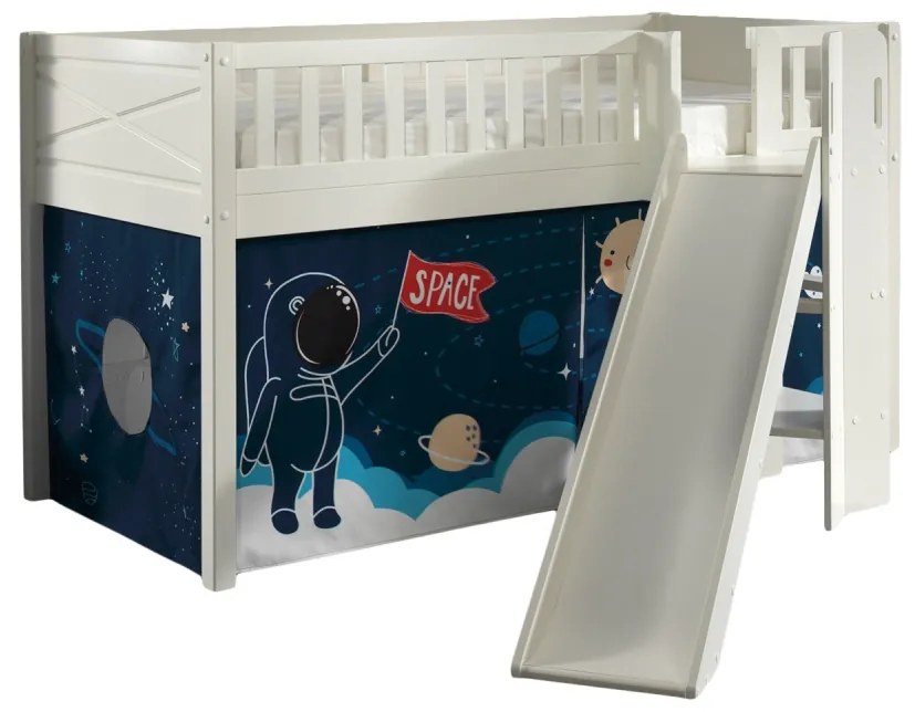 Set SCOTT este compusă din Pat copiiul înalt cu tobogan și perdeaua de joacă SPACE SHUTTLE.