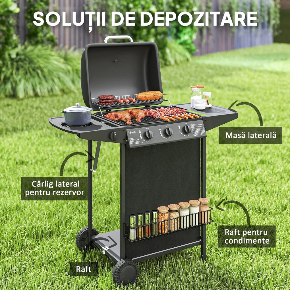 Outsunny Grătar pe Gaz cu Capac, Termometru, Masă Laterală și Tavă pentru Colectarea Grăsimii, 108x54x97 cm, Negru | Aosom Romania