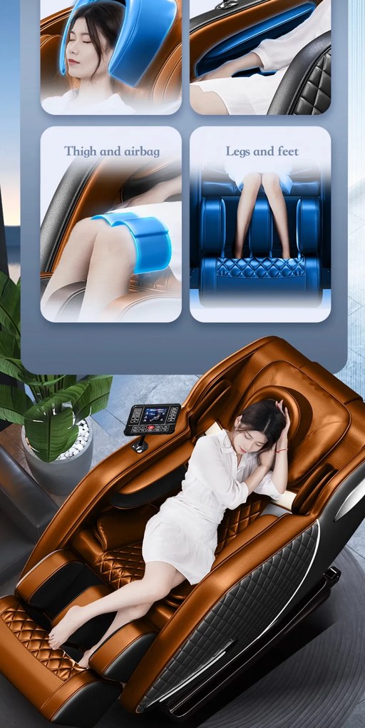 Fotoliu masaj IULIUS, Incalzire, Bluetooth, Display LCD, Ecran tactil color, Zero Gravity, 2 Boxe, Moduri Automate, Reglarea intensității masajului, Suport picioare extensibil, Piele PU Premium, Negru/Portocaliu