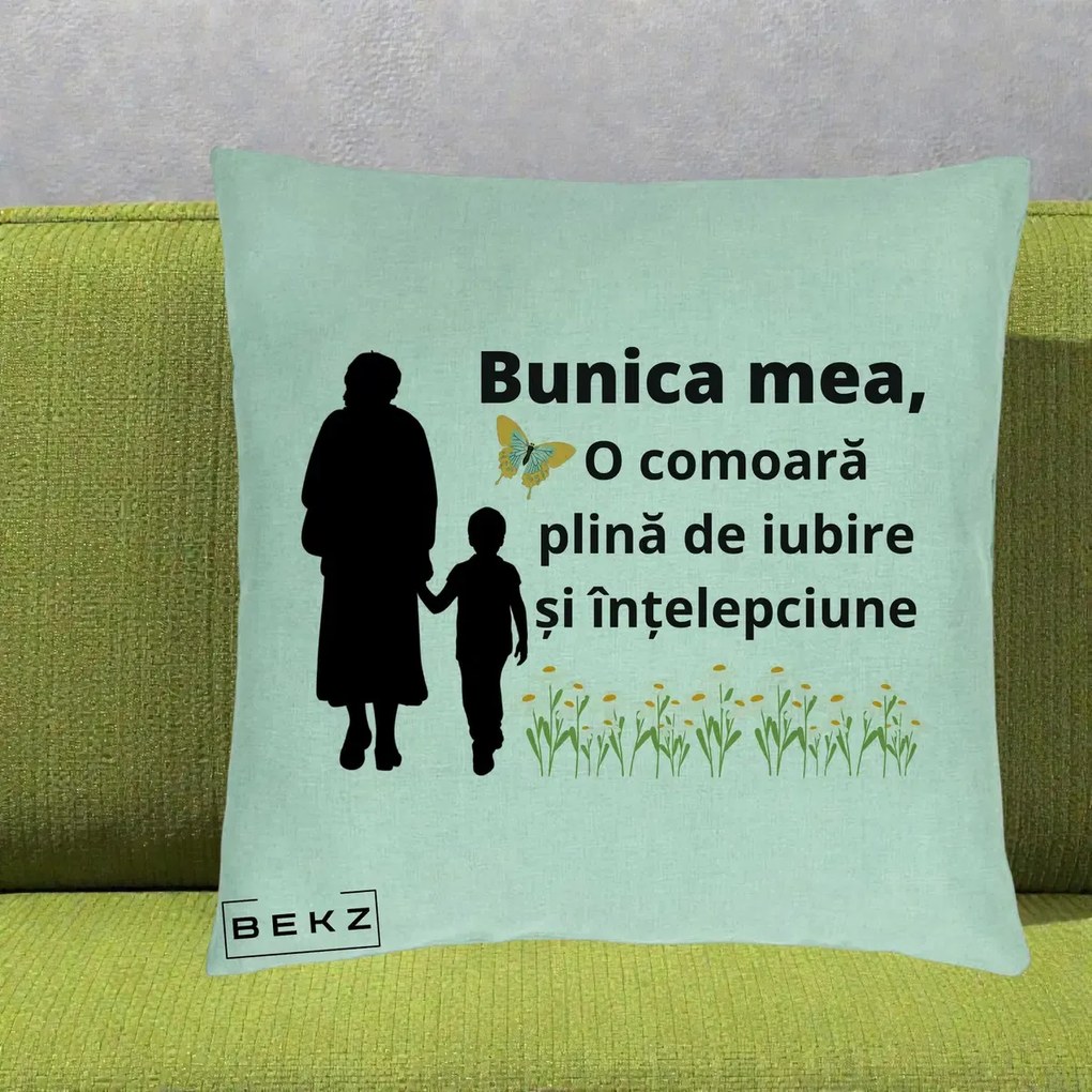 Cadou pentru Bunica - Perna Personalizata Bunica Mea Comoara cu Fluture si Baietel, 40x40 cm, Verde Menta, Husa Detasabila, Perna Inclusa, BEKZ®