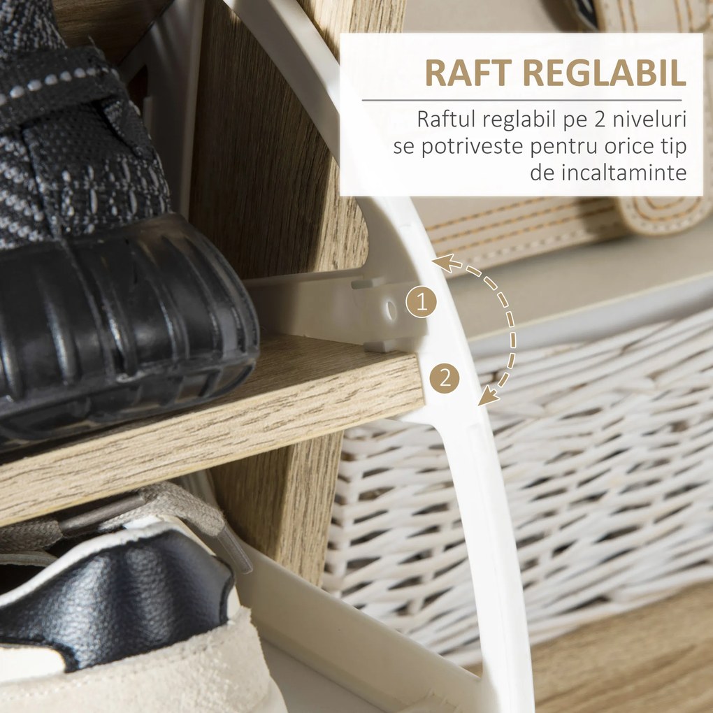 Pantofar cu 2 usi rabatabile si dulap pentru pantofi HOMCOM, reglabil, natural, alb | Aosom Romania