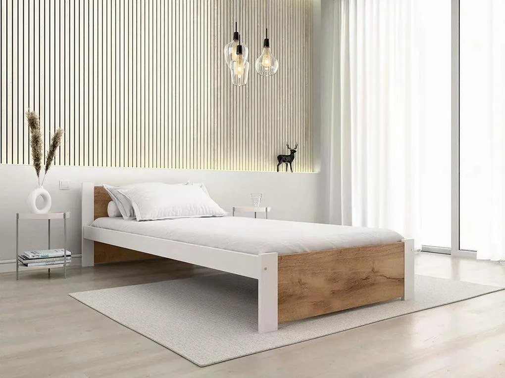 Pat IKAROS 80 x 200 cm, alb/dub artisan Saltele: Cu saltele Deluxe 10 cm, Somiera pat: Cu lamele curbate