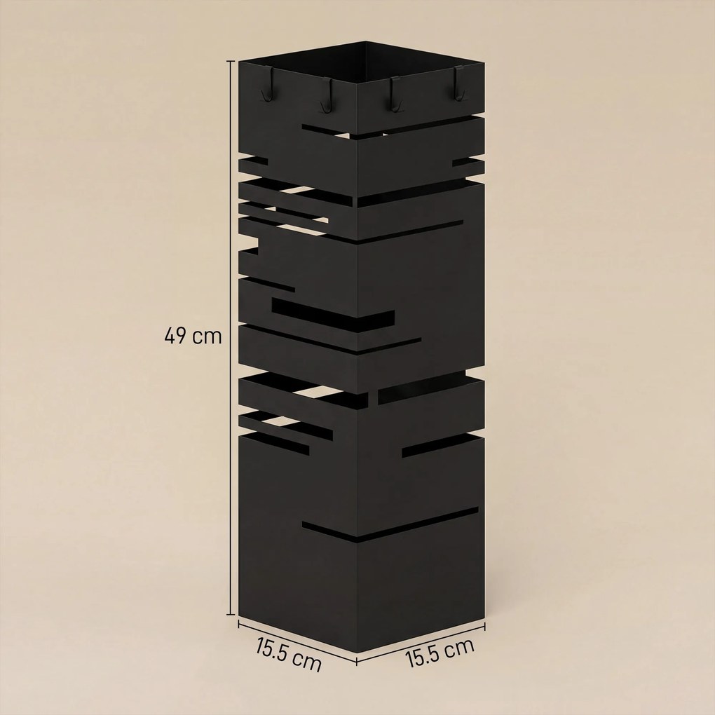 HOMCOM Suport metalic pentru umbrele cu 4 cârlige și tavă colectoare detașabilă pentru hol/birou 15,5x15,5x49 cm Negru | Aosom Romania