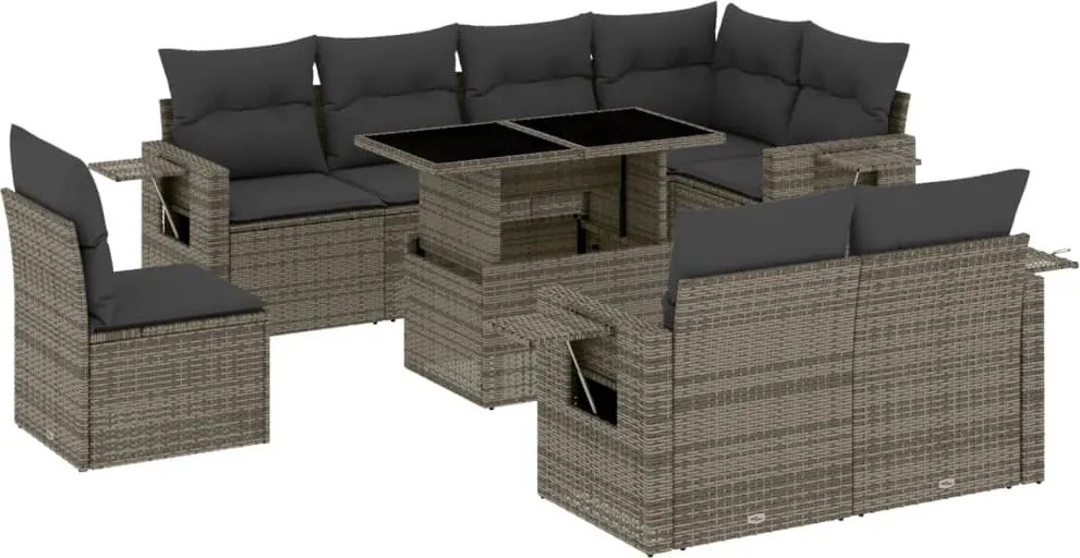 vidaXL Set canapele de grădină, 9 piese, cu perne, gri, poliratan