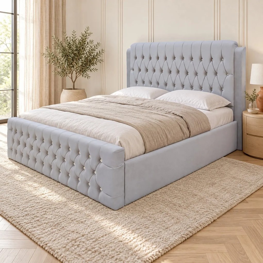 Pat tapițat Chesterfield din catifea Aveline Deluxe 140×200 cm, gri deschis, cu ladă de depozitare